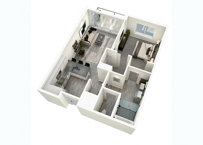 Floor plan for 1 bed, 1 bath, 692 sqft