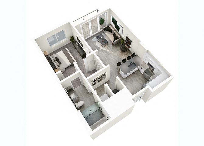 Floor plan for 1 bed, 1 bath, 706 sqft