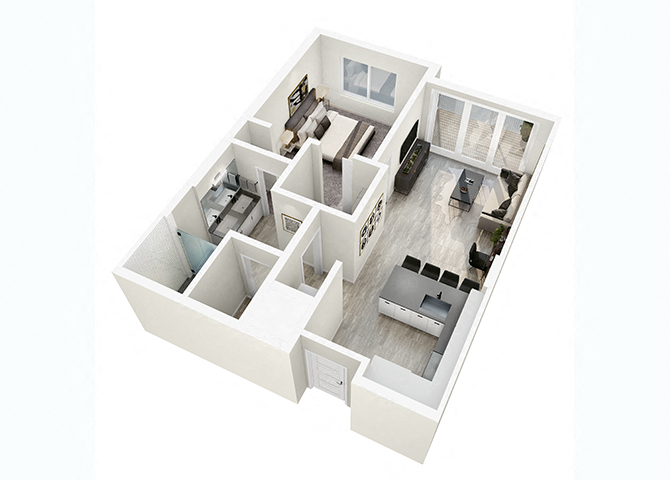 Floor plan for 1 bed, 1 bath, 691 sqft