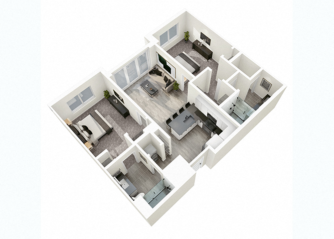 Floor plan for 2 beds, 2 baths, 987 sqft