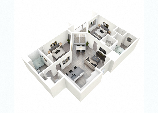 Floor plan for 2 beds, 2 baths, 1051 sqft