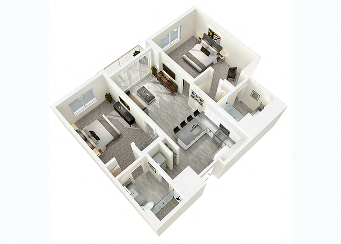 Floor plan for 2 beds, 2 baths, 1069 sqft
