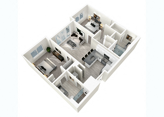 Floor plan for 2 beds, 2 baths, 1033 sqft