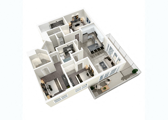 Floor plan for 3 beds, 2 baths, 1244 sqft