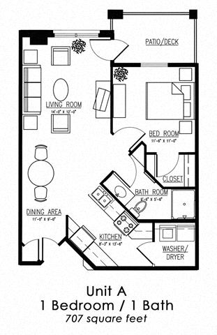 Floor plan for 1 bed, 1 bath, 707 sqft