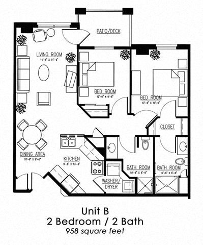 Floor plan for 2 beds, 2 baths, 958 sqft