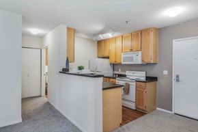Seattle apartment for rent - A kitchen with wooden cabinets and white appliances.