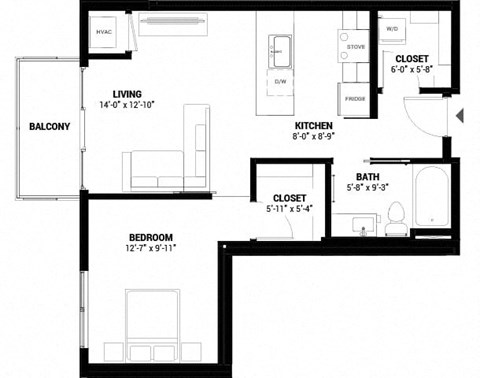 Floor plan for 1 bed, 1 bath, 632 sqft