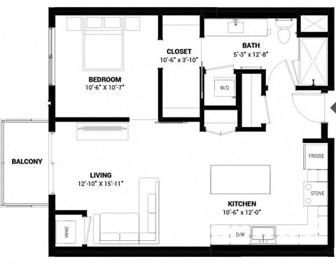Floor plan for 1 bed, 1 bath, 723 sqft