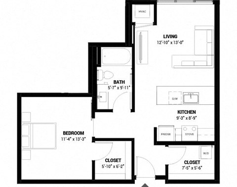 Floor plan for 1 bed, 1 bath, 700 sqft