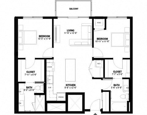 Floor plan for 2 beds, 2 baths, 977 sqft