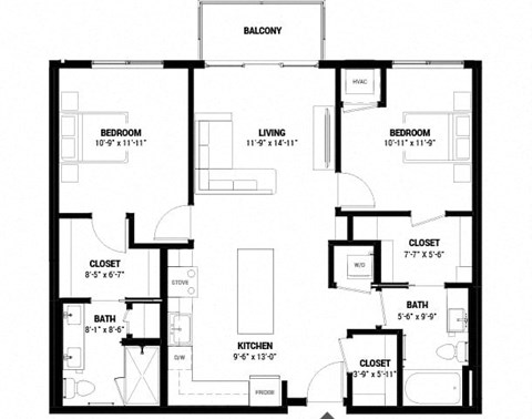 Floor plan for 2 beds, 2 baths, 1011 sqft