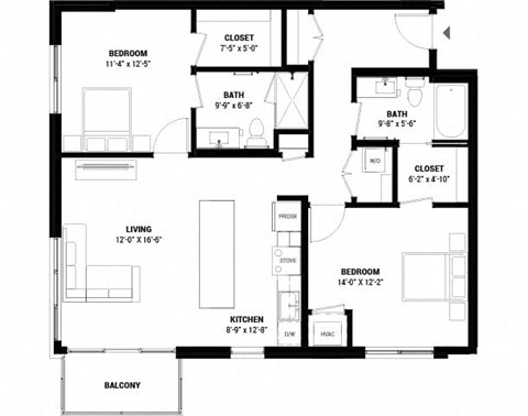 Floor plan for 2 beds, 2 baths, 1074 sqft