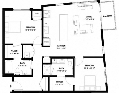 Floor plan for 2 beds, 2 baths, 1114 sqft