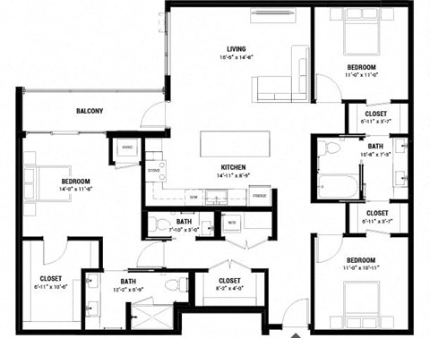 Floor plan for 3 beds, 3 baths, 1485 sqft