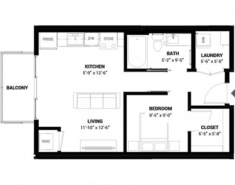 Floor plan for 1 bed, 1 bath, 532 sqft
