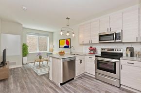 Chicago apartment for rent - a kitchen with stainless steel appliances and white cabinets