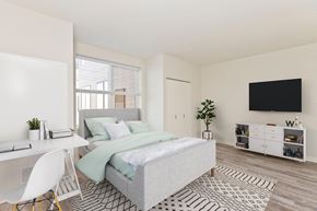 Chicago apartment for rent - a bedroom with a bed and a desk and a tv