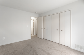 Southfield apartment for rent - a bedroom with white cabinets and carpet and a door to a closet