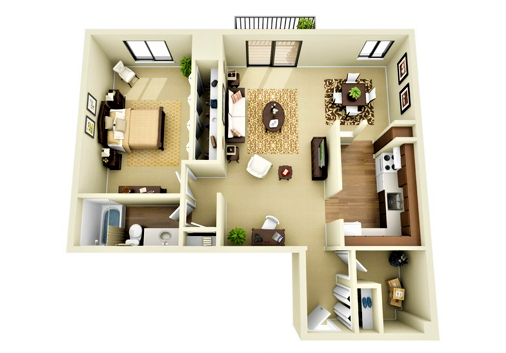 Floor plan for 1 bed, 1 bath, 860 sqft