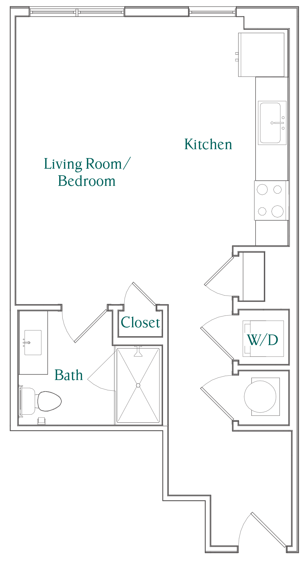 Floor plan for studio, 1 bath, 533 sqft
