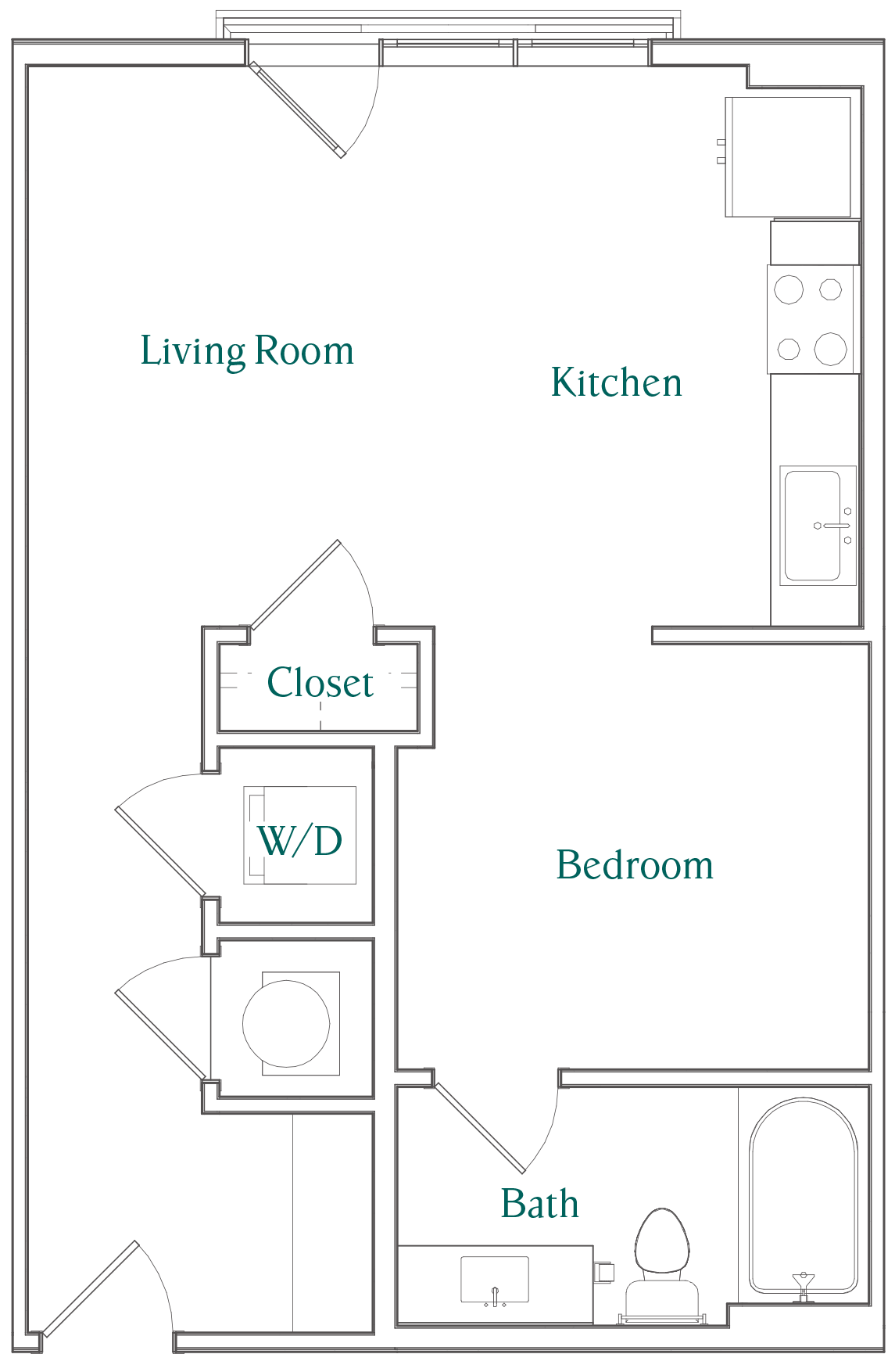 Floor plan for studio, 1 bath, 600 sqft