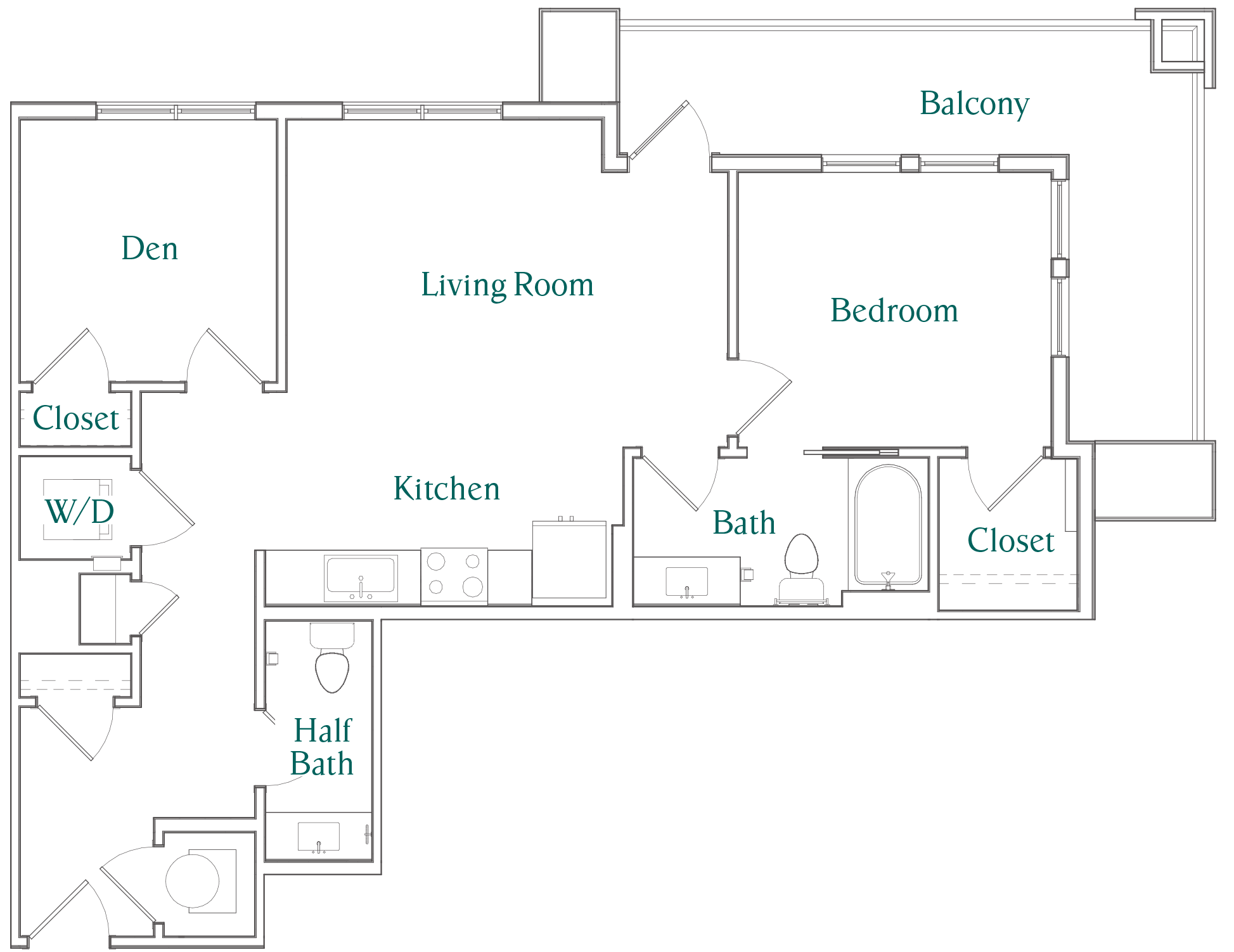Floor plan for 1 bed, 1.5 baths, 895 sqft