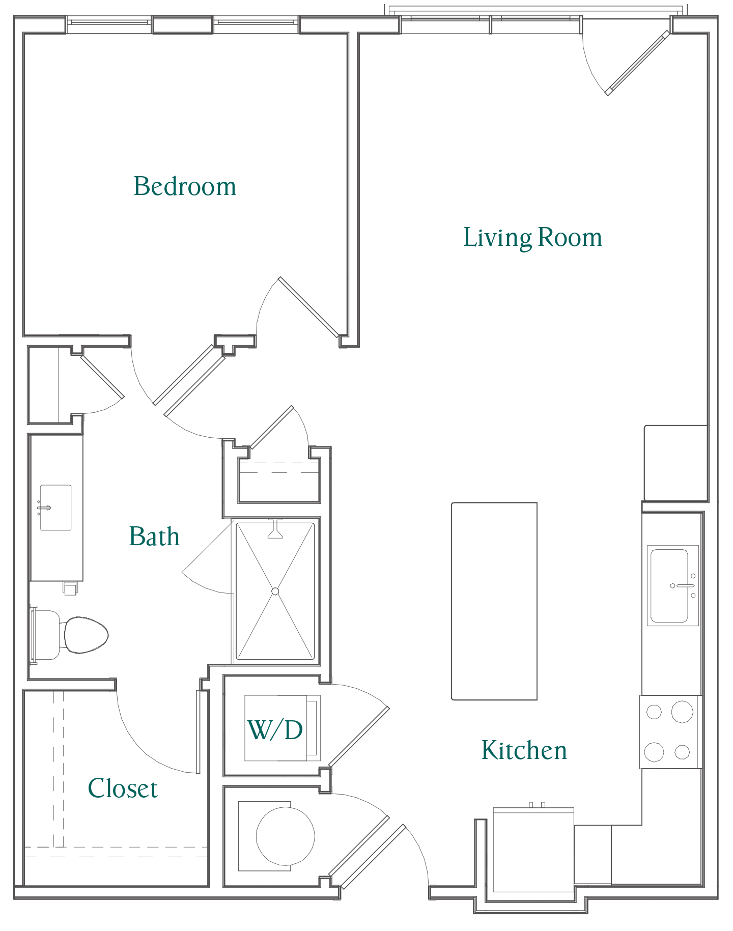 Floor plan for 1 bed, 1 bath, 722 sqft