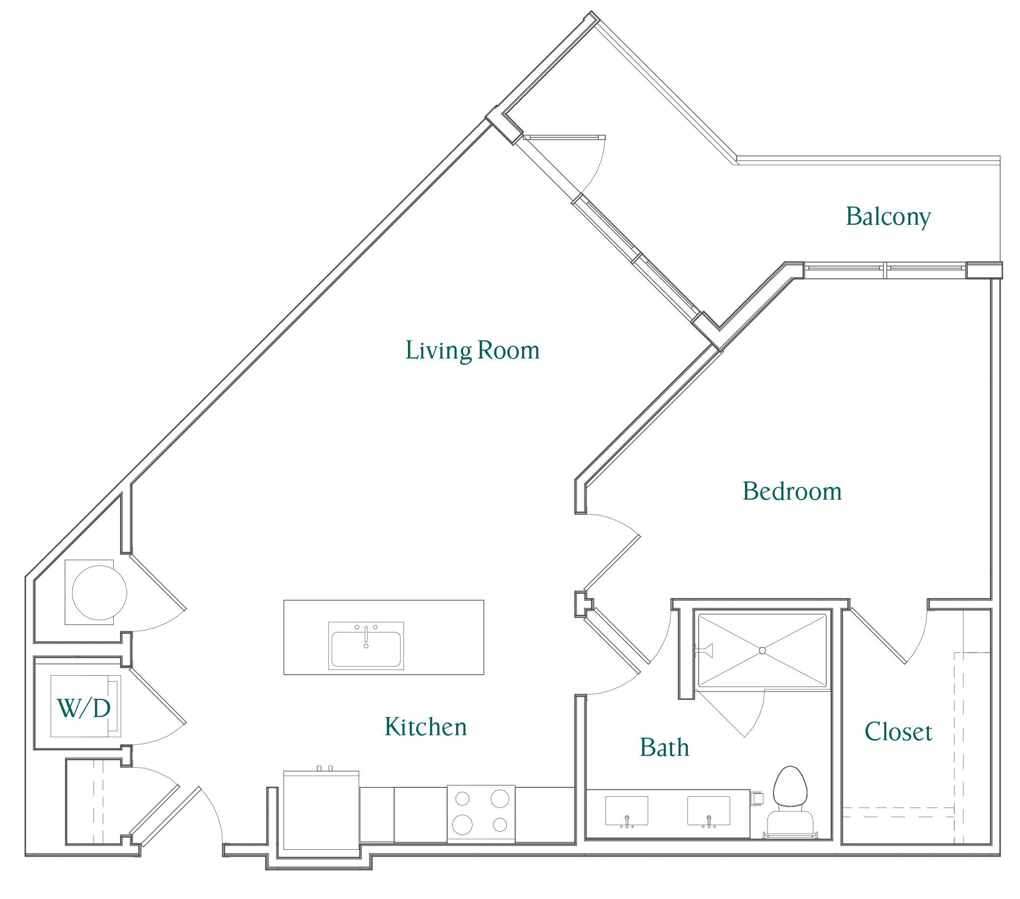 Floor plan for 1 bed, 1 bath, 734 sqft