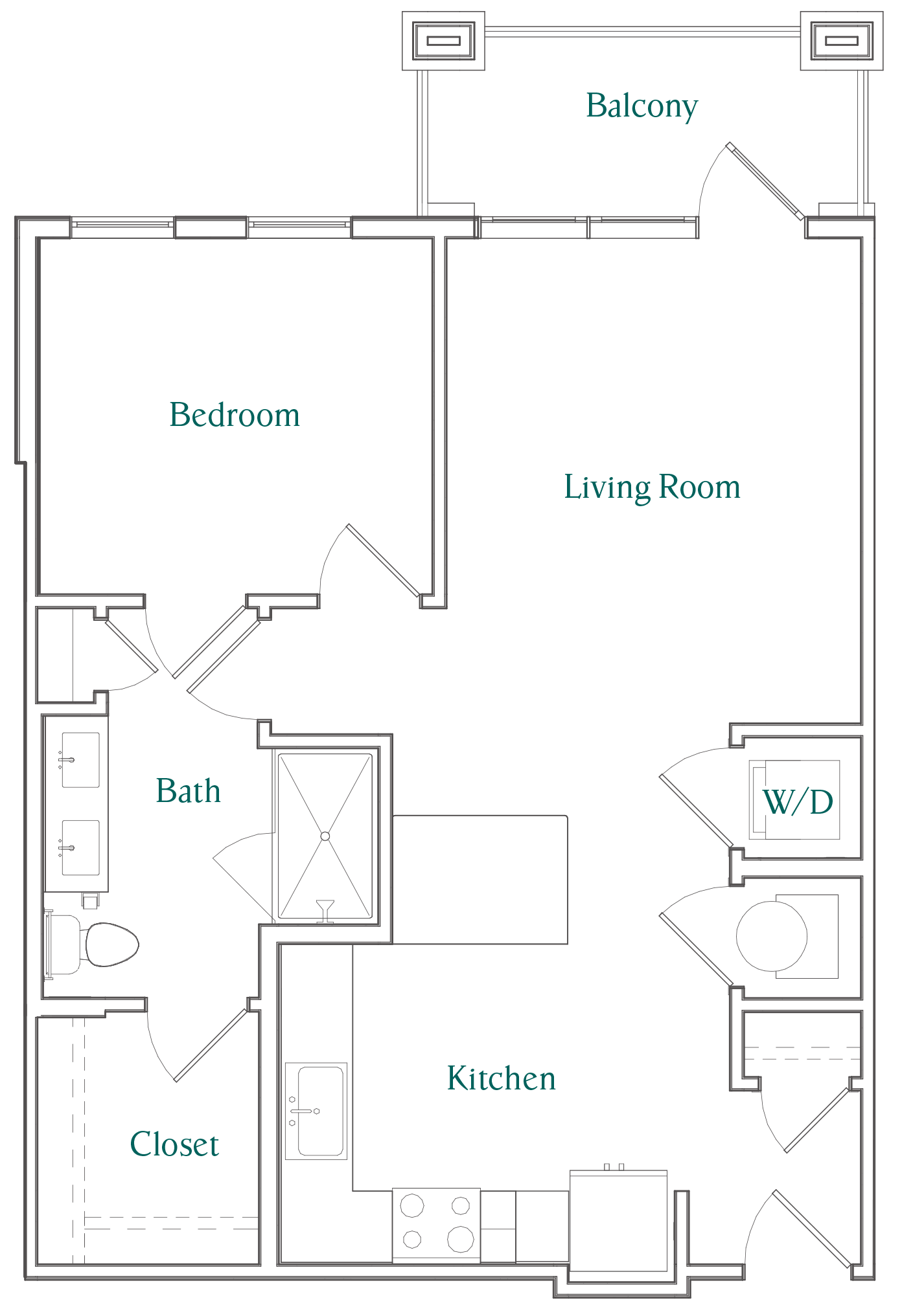 Floor plan for 1 bed, 1 bath, 722 sqft