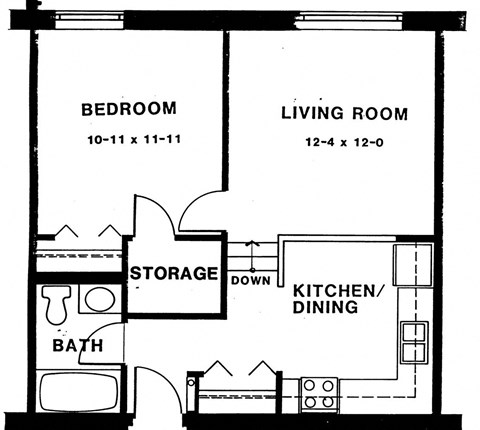 Floor plan for 1 bed, 1 bath, 600 sqft