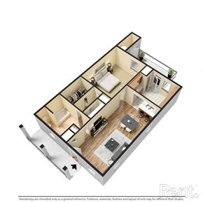 Goldsboro apartment for rent - A 3D floor plan of an apartment with a kitchen, living room, and two bedrooms.