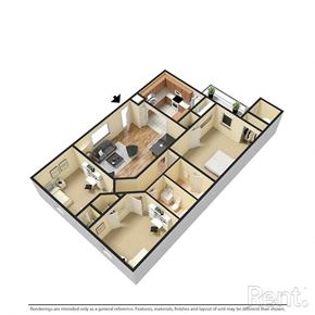 Goldsboro apartment for rent - A 3D floor plan of an apartment with a kitchen, living room, and bedrooms.