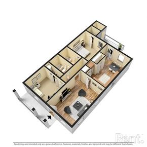 Goldsboro apartment for rent - A 3D floor plan of an apartment with a kitchen, living room, bedrooms, and bathrooms.