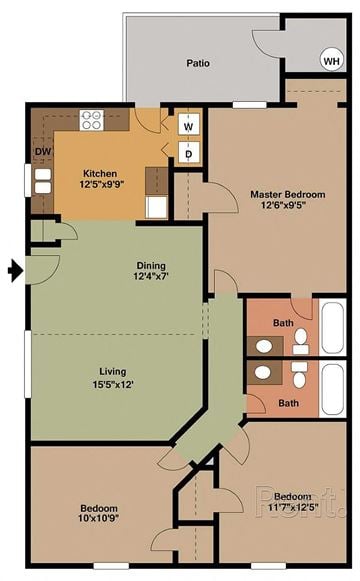 Goldsboro apartment for rent - A floor plan of a house with a kitchen, living room, dining room, two bathrooms, a patio, and two bedrooms.