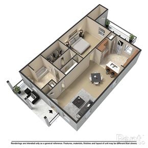 Clayton apartment for rent - A 3D floor plan of a small apartment with a kitchen, living room, and bathroom.
