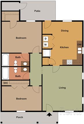 Clayton apartment for rent - A floor plan of a house with a patio, two bedrooms, a bathroom, a living room, a kitchen, and a porch.