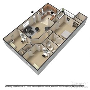 Clayton apartment for rent - A 3D floor plan of a house with a kitchen, living room, and bedrooms.