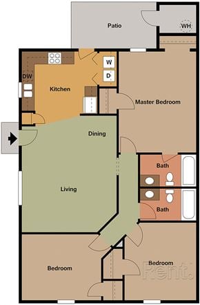 Clayton apartment for rent - A floor plan of an apartment with a kitchen, dining room, living room, two bedrooms, and a bathroom.