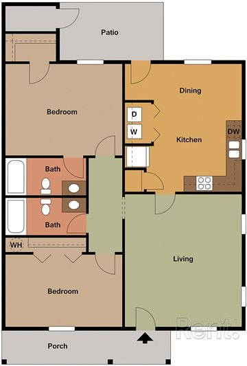 Clayton apartment for rent - A floor plan of a house with a patio, two bedrooms, a bathroom, a living room, a kitchen, and a porch.