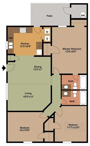 Goldsboro apartment for rent - A floor plan of a house with a kitchen, living room, dining room, two bathrooms, a patio, and two bedrooms.