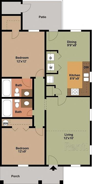 Goldsboro apartment for rent - A floor plan of a house with a patio, two bathrooms, a kitchen, two bedrooms, a dining area, and a living room.