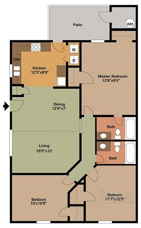 Goldsboro apartment for rent - A floor plan of a house with a kitchen, living room, dining room, two bathrooms, a patio, and two bedrooms.