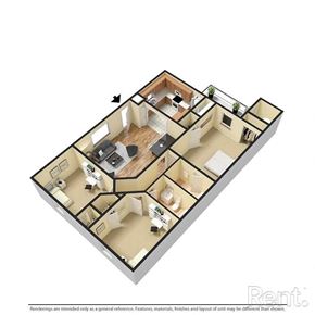 Goldsboro apartment for rent - A 3D floor plan of an apartment with a kitchen, living room, and bedrooms.