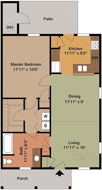 Clayton apartment for rent - A floor plan of an apartment with a kitchen, dining room, living room, and bathroom.