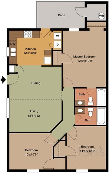 Raleigh apartment for rent - A floor plan of a house with a kitchen, dining room, living room, two bedrooms, a bathroom, and a patio.