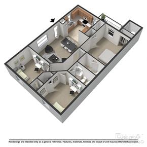 Raleigh apartment for rent - A 3D floor plan of a house with a kitchen, living room, dining room, and bedrooms.