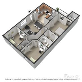 Raleigh apartment for rent - A 3D floor plan of a house with a kitchen, living room, dining room, and bedrooms.