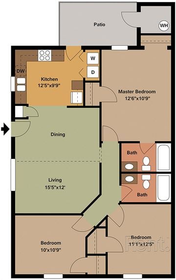 Raleigh apartment for rent - A floor plan of a house with a kitchen, dining room, living room, two bedrooms, a bathroom, and a patio.