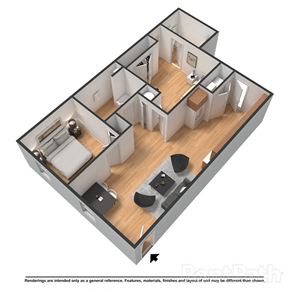 Wake Forest apartment for rent - A 3D floor plan of a house with a kitchen, living room, and two bedrooms.